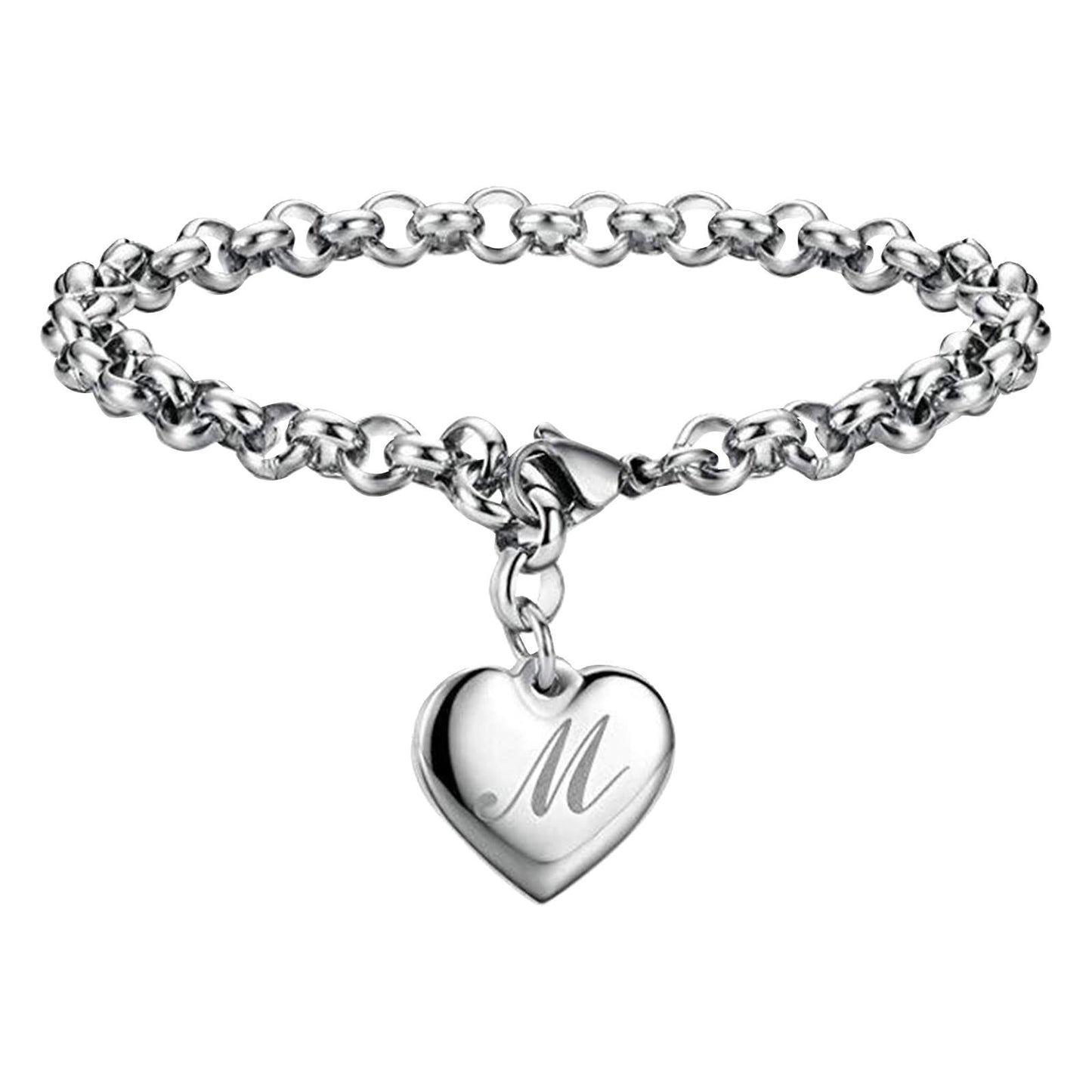 Bracelet for Women Initial Charm Bracelets for Teen Girls Stainless Steel Heart Charm Bracelets for Women 26 Letters Alphabet Bracelet Jewelry Gifts for Teenage Girls Accessories M
