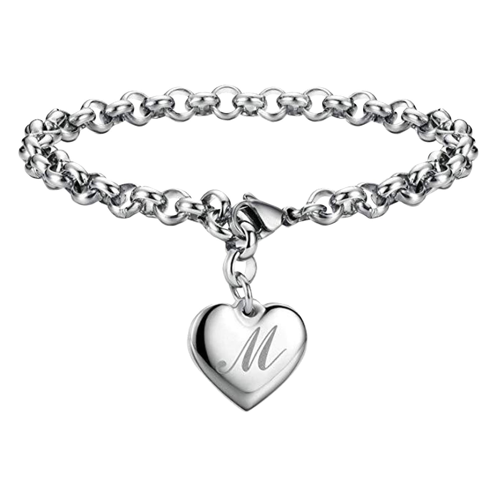 Bracelet for Women Initial Charm Bracelets for Teen Girls Stainless Steel Heart Charm Bracelets for Women 26 Letters Alphabet Bracelet Jewelry Gifts for Teenage Girls Accessories M