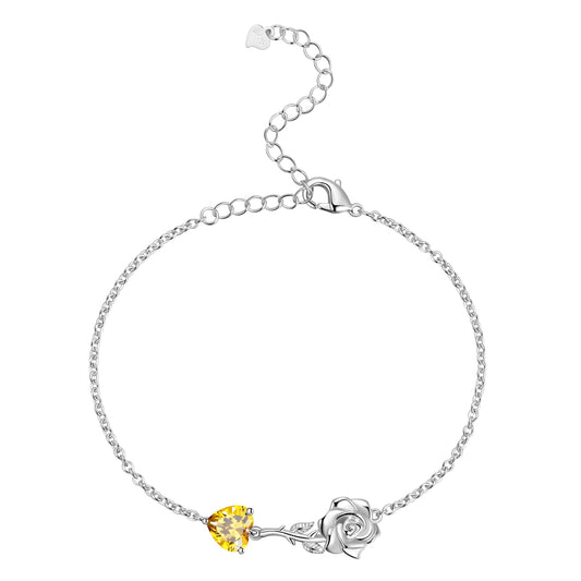 925 Sterling Silver Heart Birthstone Bracelet,Rose Flower Heart Charm Bracelet Adjustable Link Chain Jewelry Gifts for Women Mom Girls-November