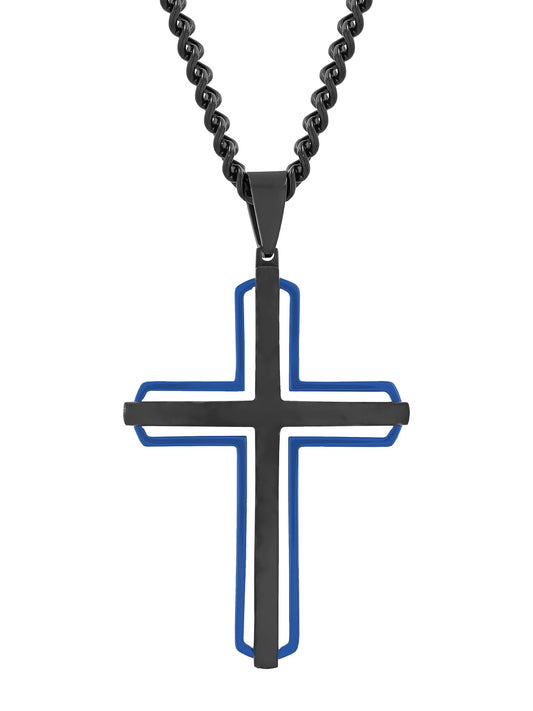 Men'S Stainless Steel Black & Blue Stacked Cross Pendant Necklace