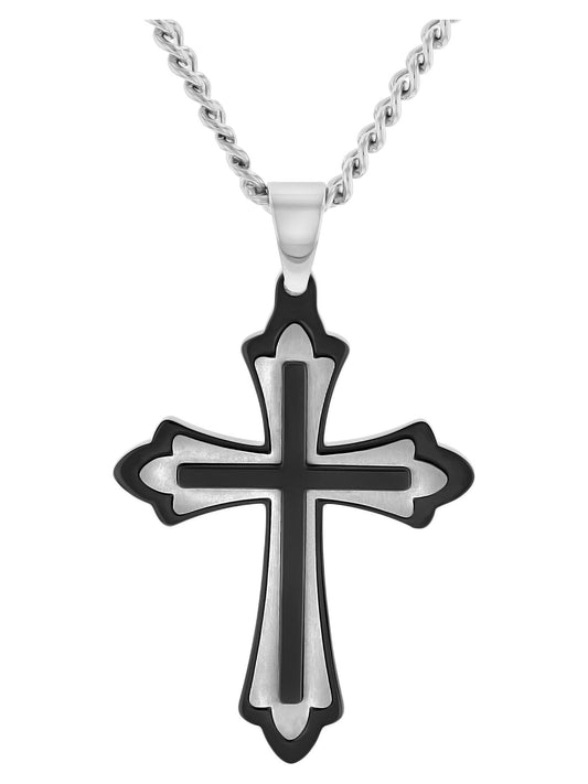 Men’S Stainless Steel Fleur De Lis Two Tone Cross Pendant Necklace Chain