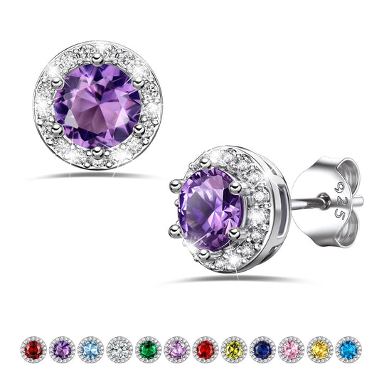 925 Sterling Silver Birthstone Stud Earrings round Synthetic Amethyst Diamond Studs Earrings Women Gift February