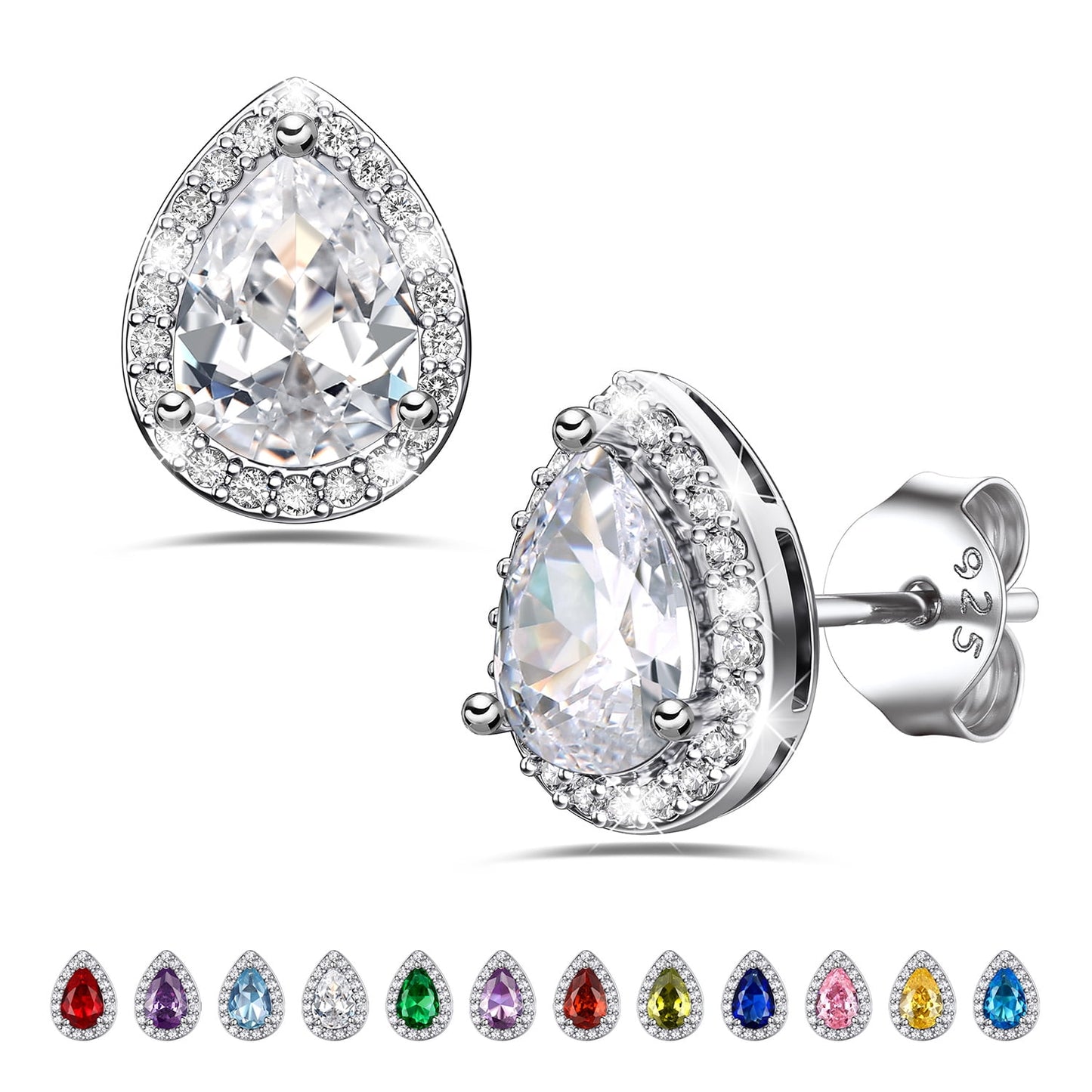 925 Sterling Silver Birthstone Stud Earrings for Women, Sparking April Teardrop Cut Diamond Earrings for Sensitive Ears