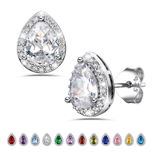 925 Sterling Silver Birthstone Stud Earrings for Women, Sparking April Teardrop Cut Diamond Earrings for Sensitive Ears