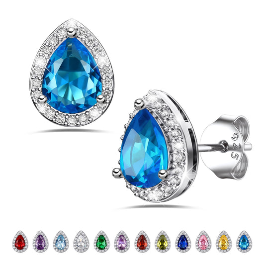 925 Sterling Silver Birthstone Stud Earrings for Women, Sparking December Teardrop Cut Diamond Earrings for Sensitive Ears