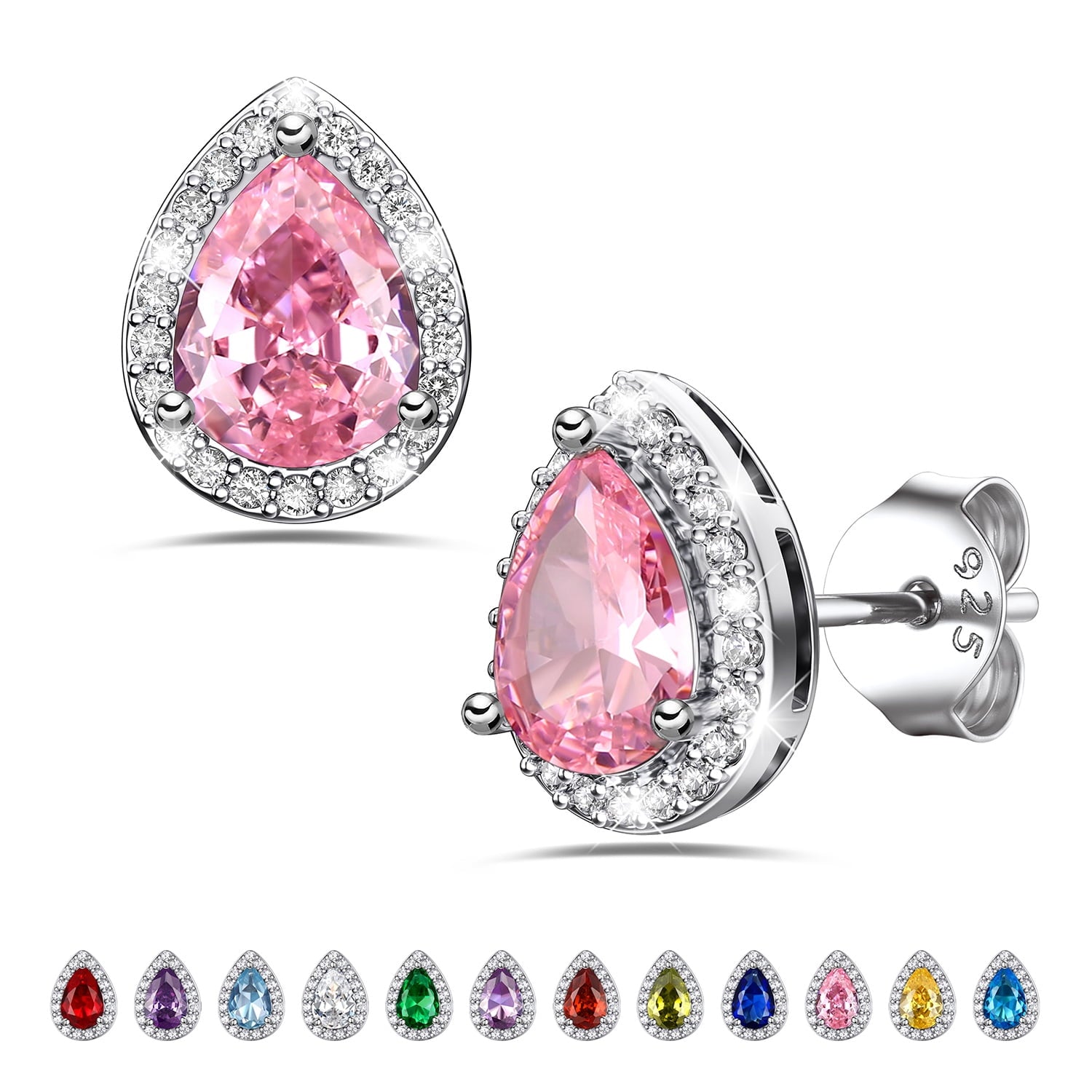 925 Sterling Silver Birthstone Stud Earrings for Women, Sparking October Teardrop Cut Diamond Earrings for Sensitive Ears