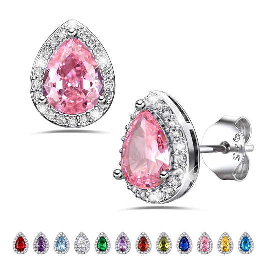 925 Sterling Silver Birthstone Stud Earrings for Women, Sparking October Teardrop Cut Diamond Earrings for Sensitive Ears