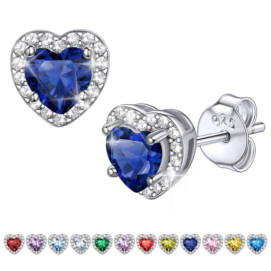 Birthstone Stud Earrings for Women, 925 Sterling Silver Heart Created Diamond Studs Earrings Christmas/Birthday Gifts - September