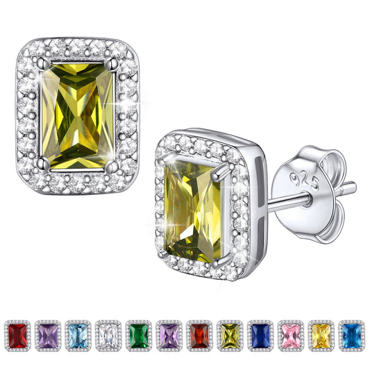 Square Diamond Stud Earrings August Peridot Birthstone Earrings, Sterling Silver Earrings Birthday Jewelry Gift for Women