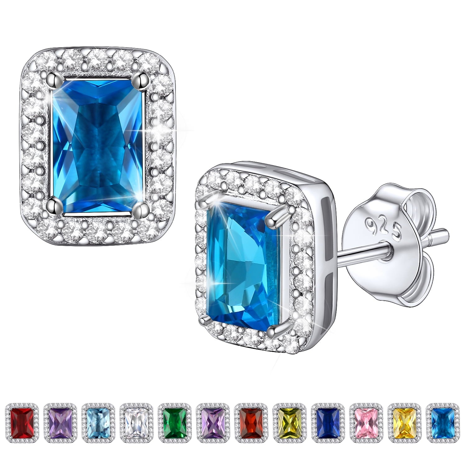 Square Diamond Stud Earrings December Turquoise Birthstone Earrings, Sterling Silver Earrings Birthday Jewelry Gift for Women
