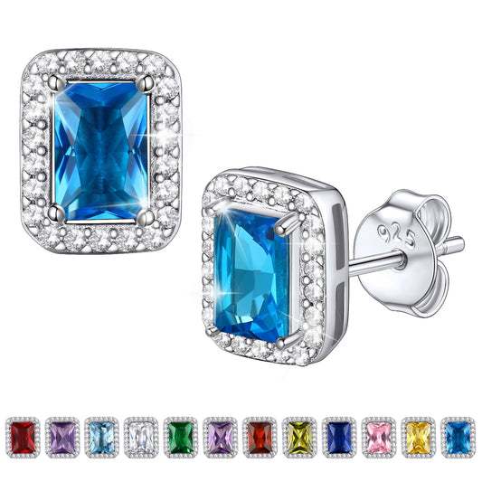 Square Diamond Stud Earrings December Turquoise Birthstone Earrings, Sterling Silver Earrings Birthday Jewelry Gift for Women