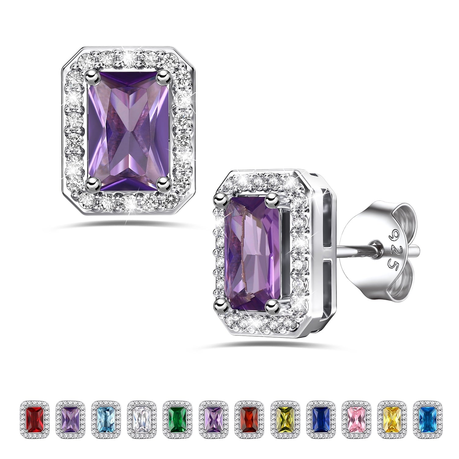 Square Diamond Stud Earrings February Amethyst Birthstone Earrings, Sterling Silver Earrings Birthday Jewelry Gift for Women