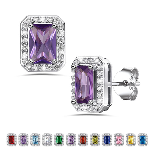 Square Diamond Stud Earrings February Amethyst Birthstone Earrings, Sterling Silver Earrings Birthday Jewelry Gift for Women