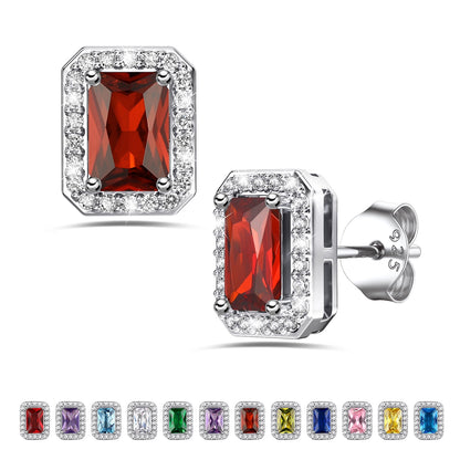 Square Diamond Stud Earrings July Ruby Birthstone Earrings, Sterling Silver Earrings Birthday Jewelry Gift for Women