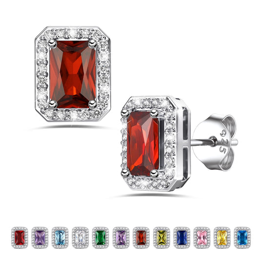 Square Diamond Stud Earrings July Ruby Birthstone Earrings, Sterling Silver Earrings Birthday Jewelry Gift for Women