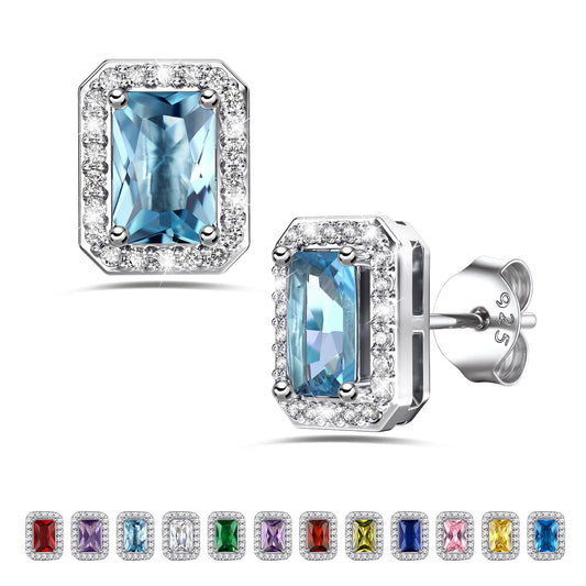 Square Diamond Stud Earrings March Aquamarine Birthstone Earrings, Sterling Silver Earrings Birthday Jewelry Gift for Women