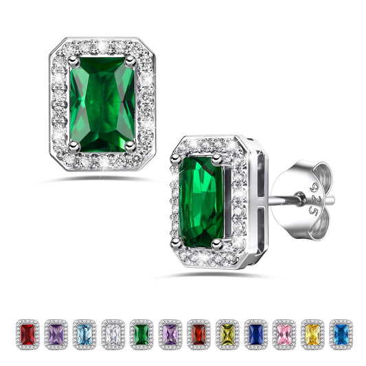 Square Diamond Stud Earrings May Emerald Birthstone Earrings, Sterling Silver Earrings Birthday Jewelry Gift for Women