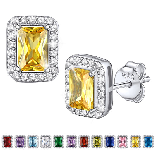 Square Diamond Stud Earrings November Citrine Birthstone Earrings, Sterling Silver Earrings Birthday Jewelry Gift for Women