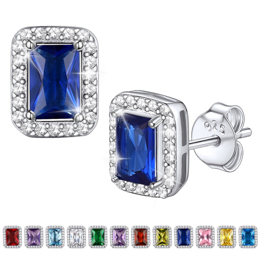 Square Diamond Stud Earrings September Sapphire Birthstone Earrings, Sterling Silver Earrings Birthday Jewelry Gift for Women