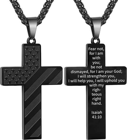 Black Cross Necklaces for Men Boys American Flag Pendant Chain Catholic Christian Religious Graduation 4Th of July Birthday Jewelry Gifts Ideas Dad Husband Tween Son Boyfriend Teen Kids Age