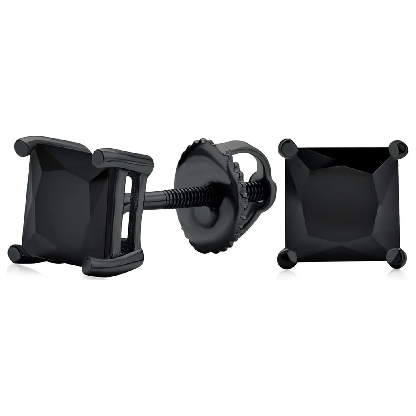 Mens Black Clear Square Princess CZ Stud Earrings Men Screw Back