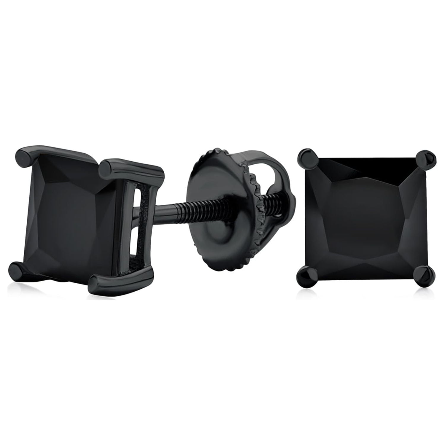 Mens Black Clear Square Princess CZ Stud Earrings Men Screw Back