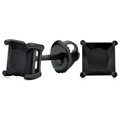 Mens Black Clear Square Princess CZ Stud Earrings Men Screw Back