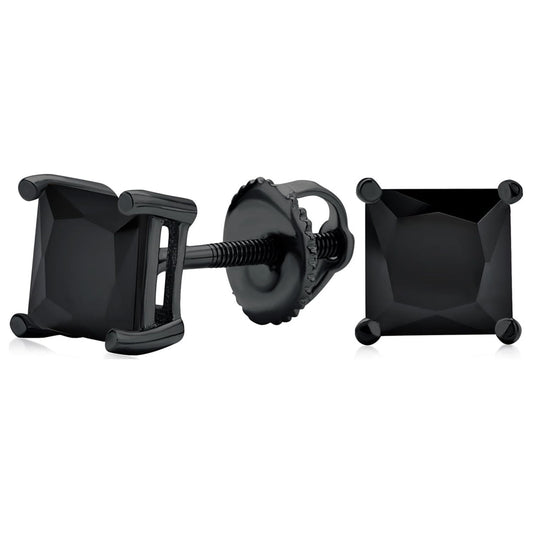 Mens Black Clear Square Princess CZ Stud Earrings Men Screw Back