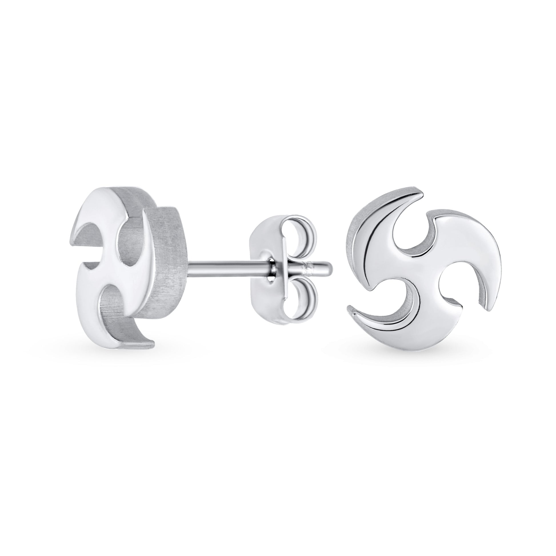 Mens Unisex Tribal Warrior Blade Ninja Star Stud Earrings for Men, Silver & Black Steel