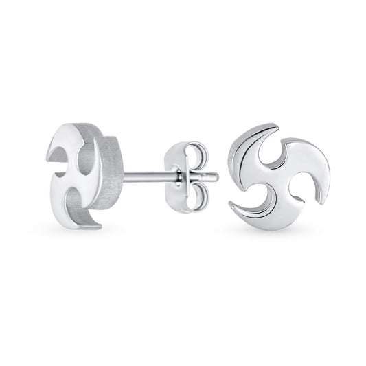 Mens Unisex Tribal Warrior Blade Ninja Star Stud Earrings for Men, Silver & Black Steel