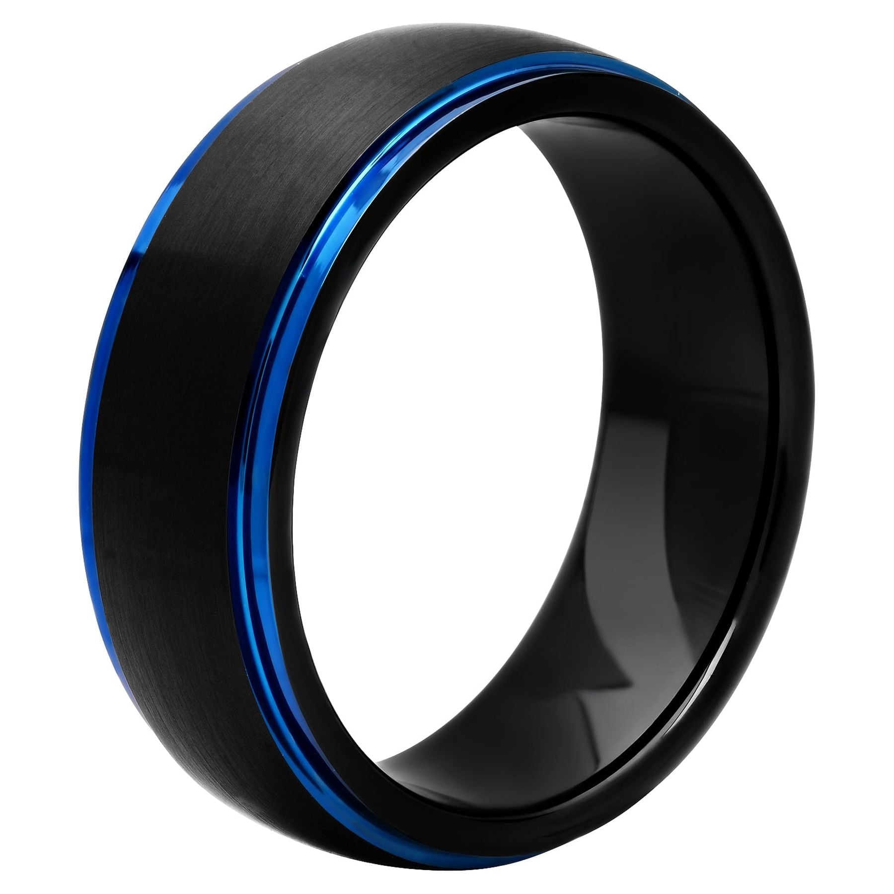 Men'S Black & Blue Tungsten Satin Finish Step Edge 8MM Wedding Band