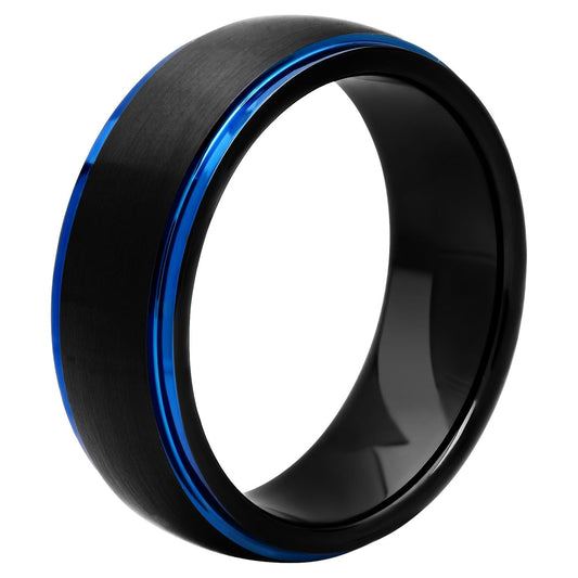 Men'S Black & Blue Tungsten Satin Finish Step Edge 8MM Wedding Band