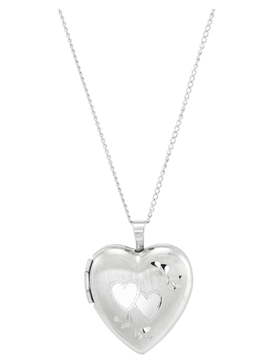 Sterling Silver Hollow Locket Heart Double-Heart Engraved Design Pendant, 18"
