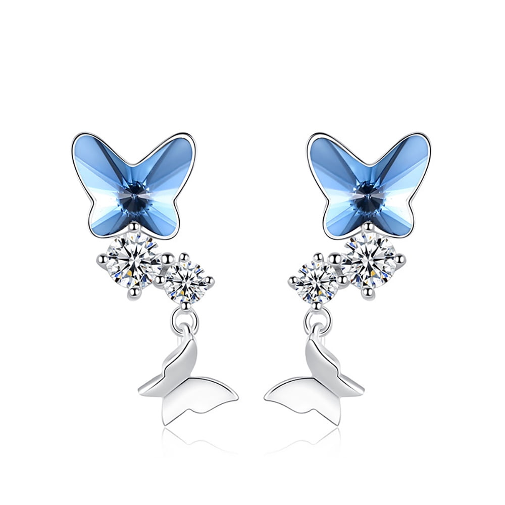 Butterfly Drop Earrings for Women Blue Crystal Sterling Silver