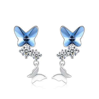 Butterfly Drop Earrings for Women Blue Crystal Sterling Silver