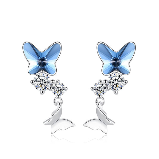 Butterfly Drop Earrings for Women Blue Crystal Sterling Silver