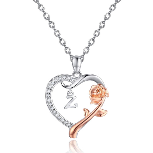 Initial Letter Necklace 925 Sterling Silver Love Heart Letters with Rose Flower Pendant Necklace Jewelry Gifts for Women