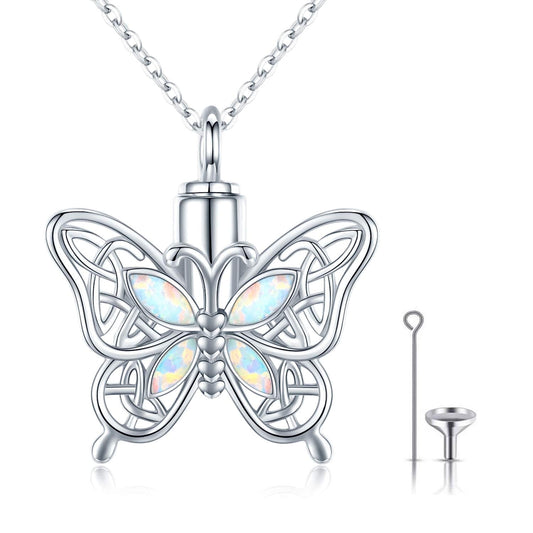 Opal Butterfly Urn Necklace for Ashes 925 Sterling Silver Celtic Knot Necklace Cremation Necklace for Ashes Keepsake Memorial Butterfly Cremation Jewelry Gifts for Women