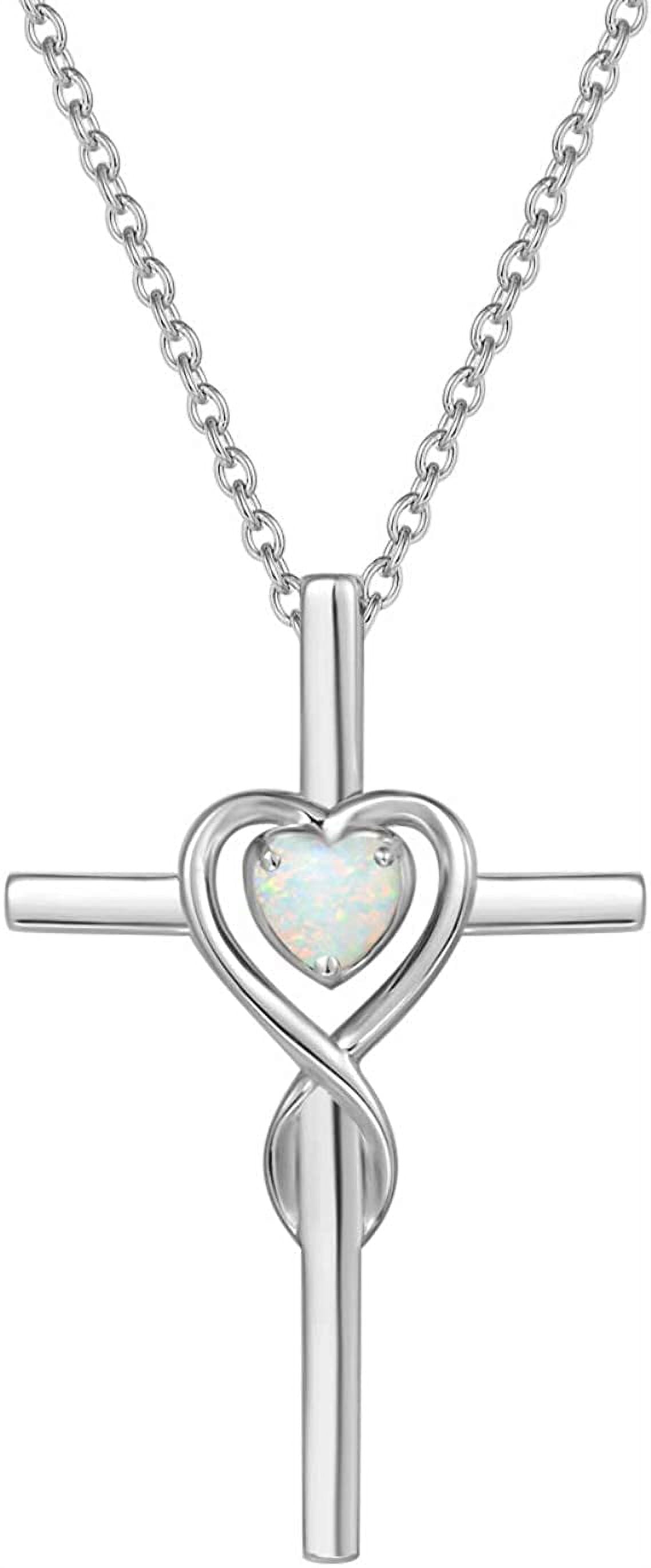 Cross Necklace for Women Sterling Silver Birthstone Created Opal Necklace Infinity Heart Cross Crucifix Pendant October Birthstone Jewelry Valentines Day Gifts Birthday Gifts for Women