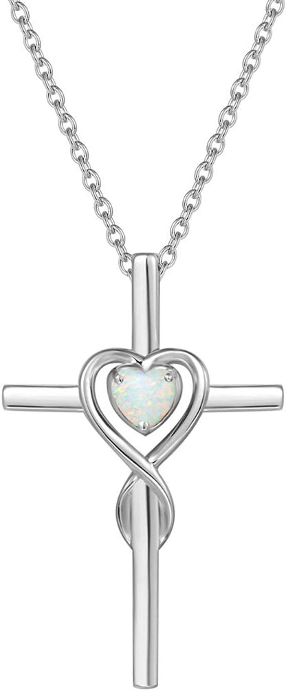 Cross Necklace for Women Sterling Silver Birthstone Created Opal Necklace Infinity Heart Cross Crucifix Pendant October Birthstone Jewelry Valentines Day Gifts Birthday Gifts for Women