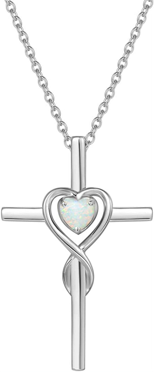 Cross Necklace for Women Sterling Silver Birthstone Created Opal Necklace Infinity Heart Cross Crucifix Pendant October Birthstone Jewelry Valentines Day Gifts Birthday Gifts for Women