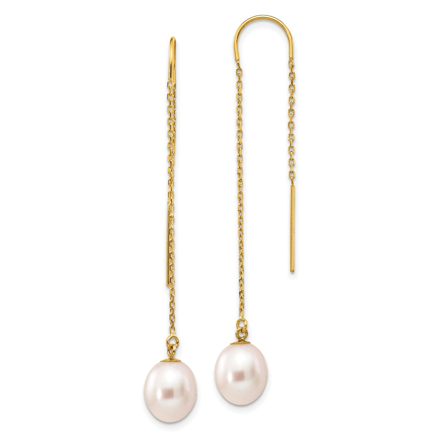 14K Yellow Gold 7-8 Mm White Rice Freshwater Cultured Pearl Dangle Threader Earrings