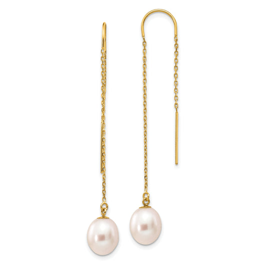 14K Yellow Gold 7-8 Mm White Rice Freshwater Cultured Pearl Dangle Threader Earrings