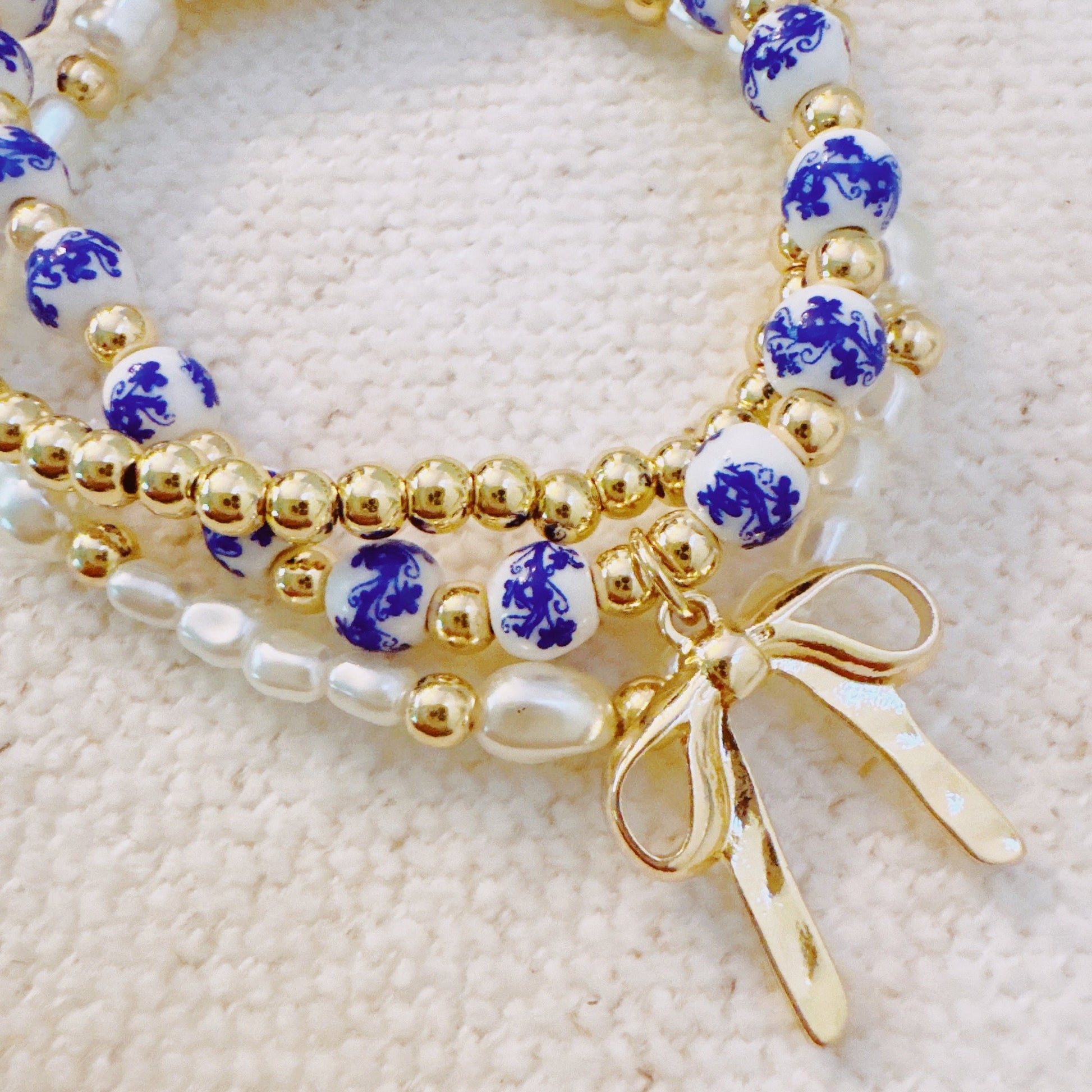 Floral Ceramic Beaded Bracelet Set – Trio of Delicate Layers