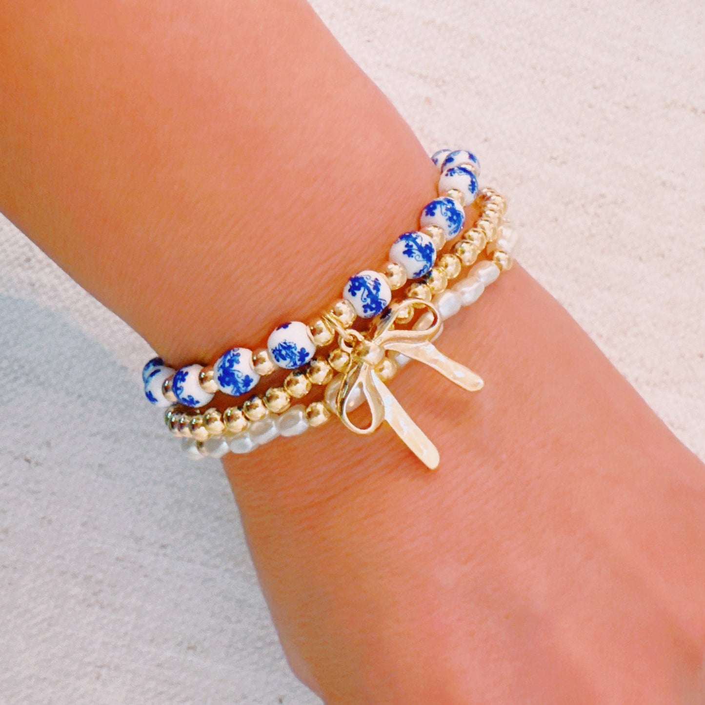 Floral Ceramic Beaded Bracelet Set – Trio of Delicate Layers