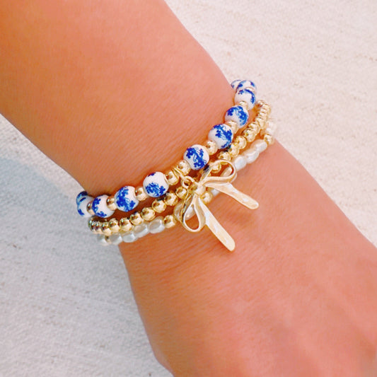 Floral Ceramic Beaded Bracelet Set – Trio of Delicate Layers