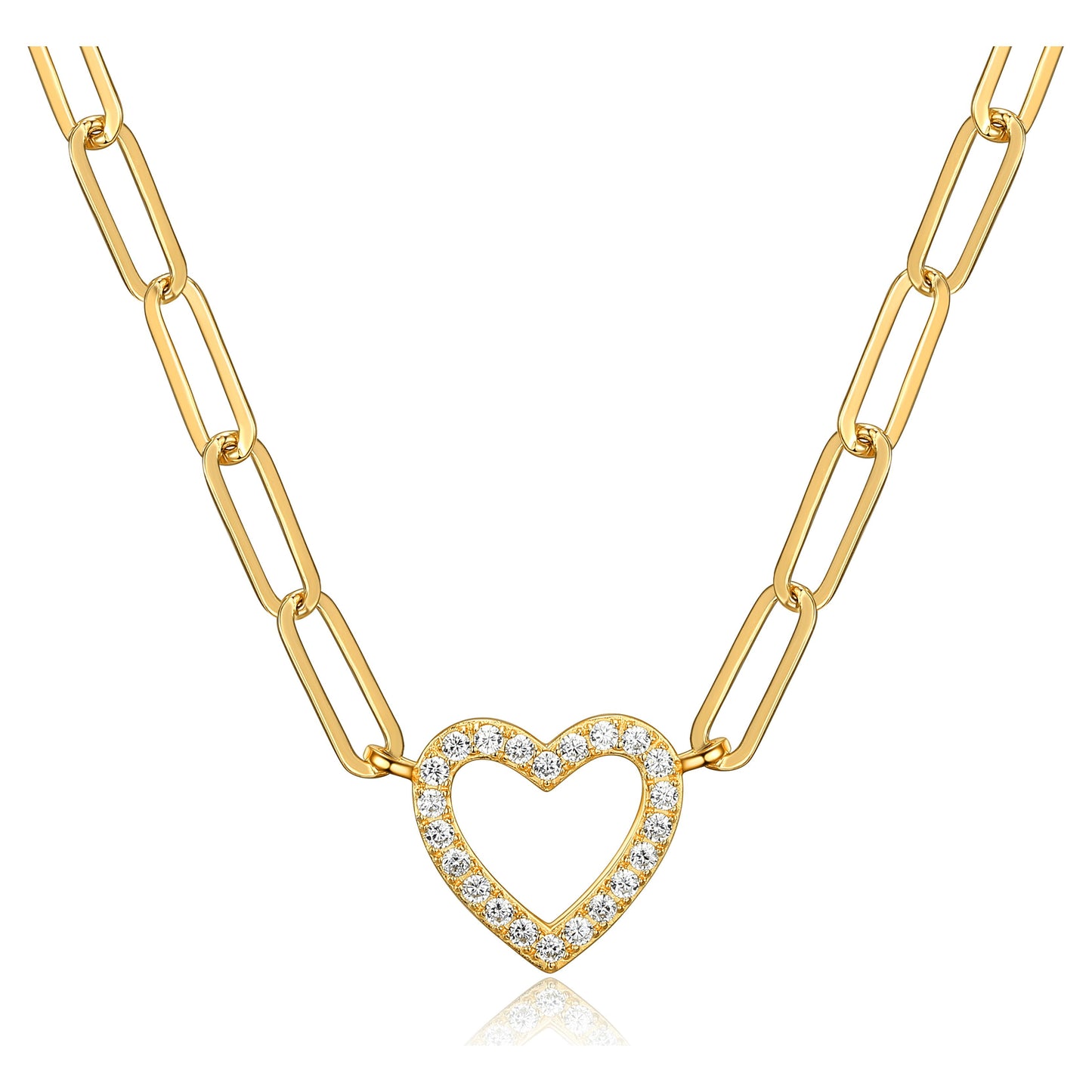 Heart Cubic Zirconia Paperclip 18” Necklace in 18K over Sterling Silver, Adult Female
