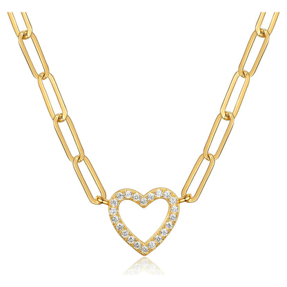 Heart Cubic Zirconia Paperclip 18” Necklace in 18K over Sterling Silver, Adult Female
