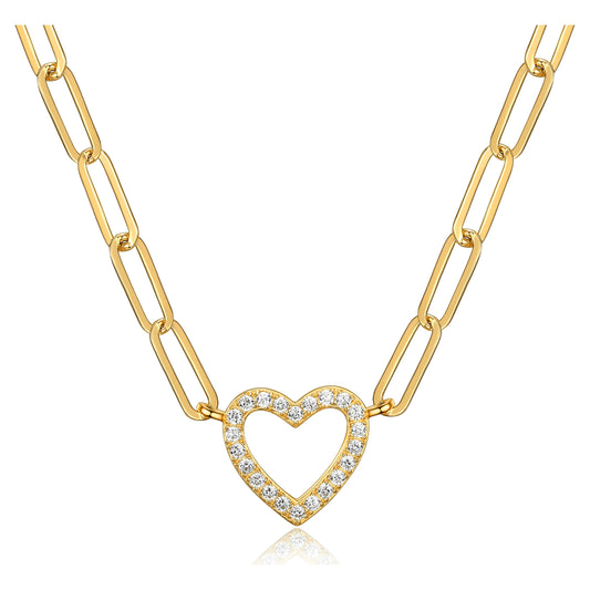 Heart Cubic Zirconia Paperclip 18” Necklace in 18K over Sterling Silver, Adult Female