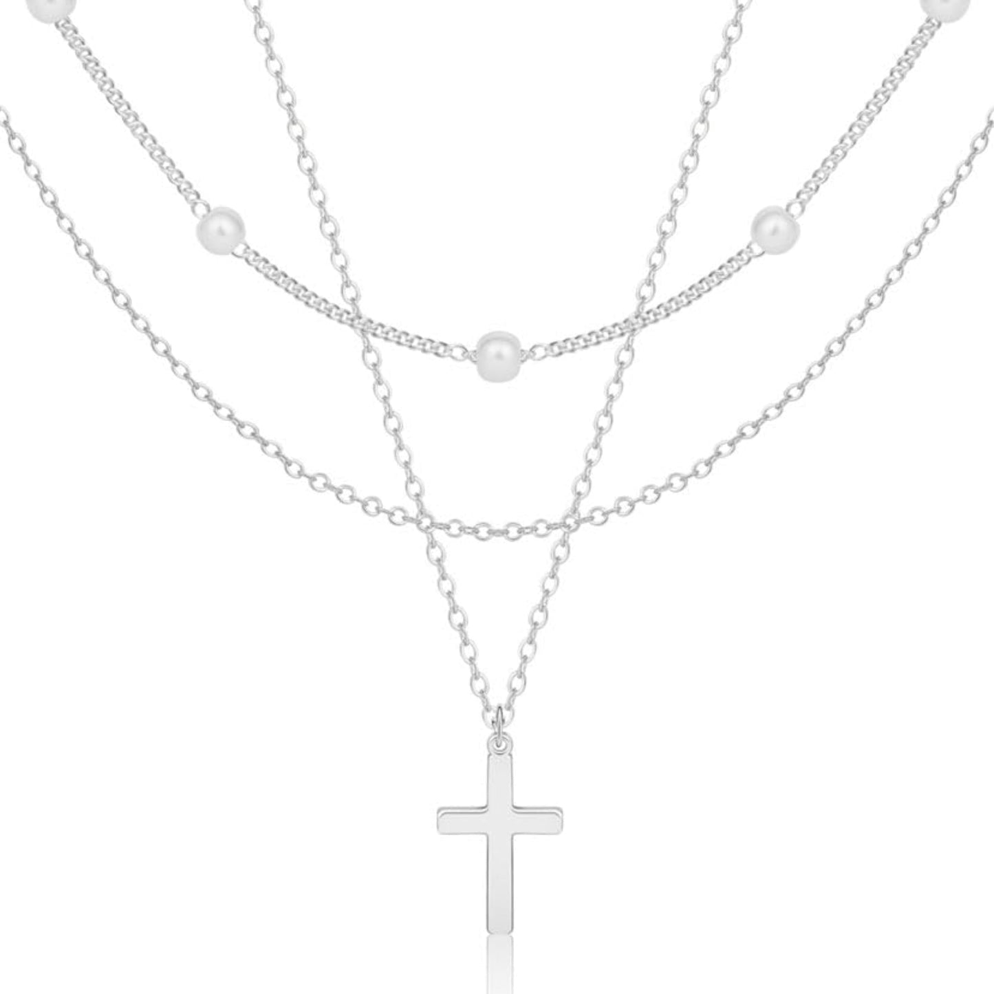 Layered Cross Necklace for Women Dainty Classic Fashionable Pearl Cross Pendant Layered Necklace Weddings Graduations Days Travel Gifts